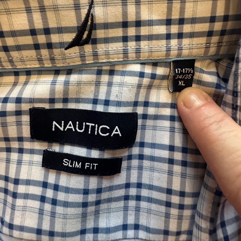 Nautica Mens Slim Fit‎ Plaid Button Down Shirt XL Blue White Collared Casual - Picture 4 of 5